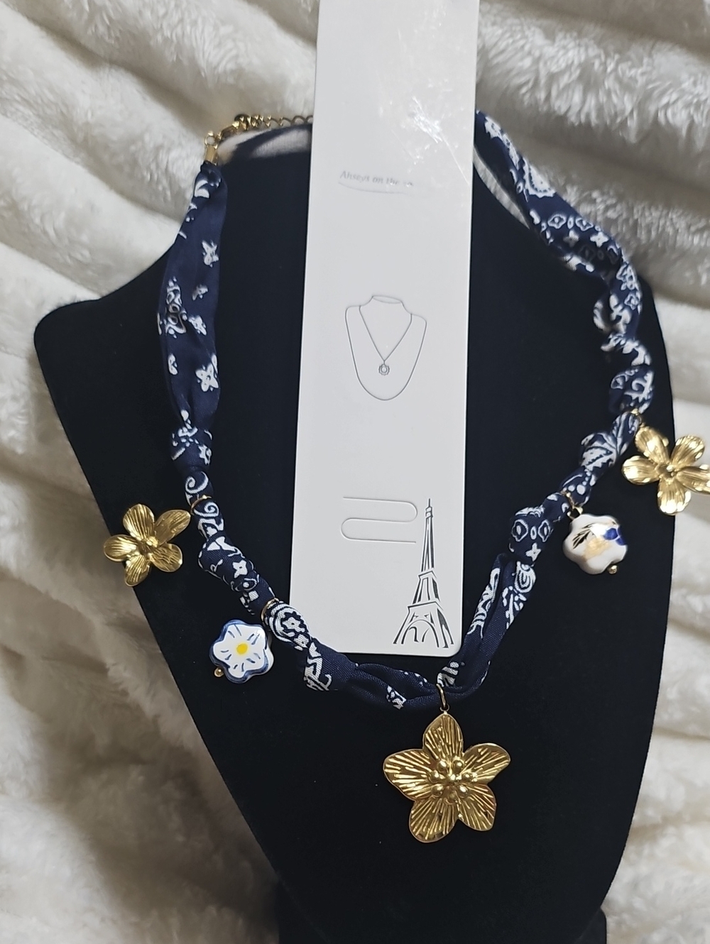 On The Road Navy Bandana Necklace with Gold Floral Charms